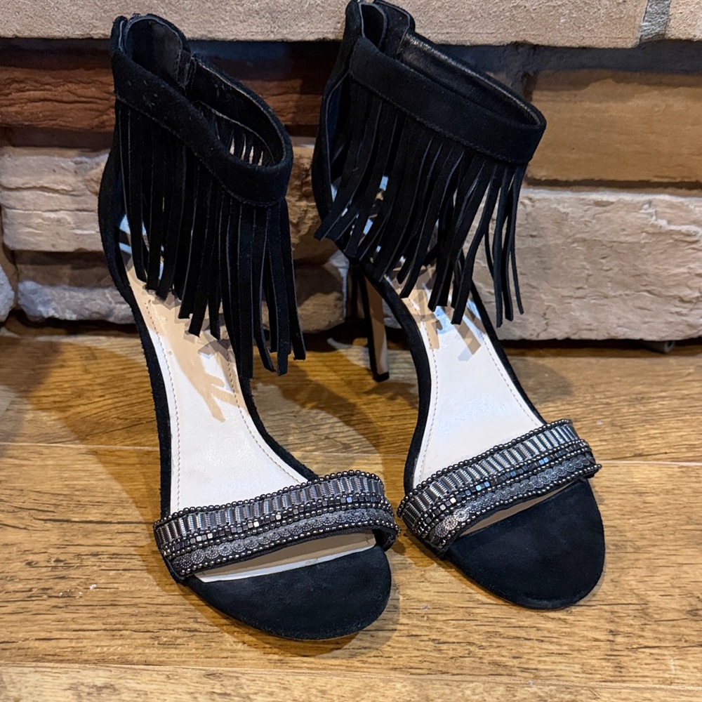 Vince Camuto Fringed Black Suede Beaded Ankle-Strap Heels size 10